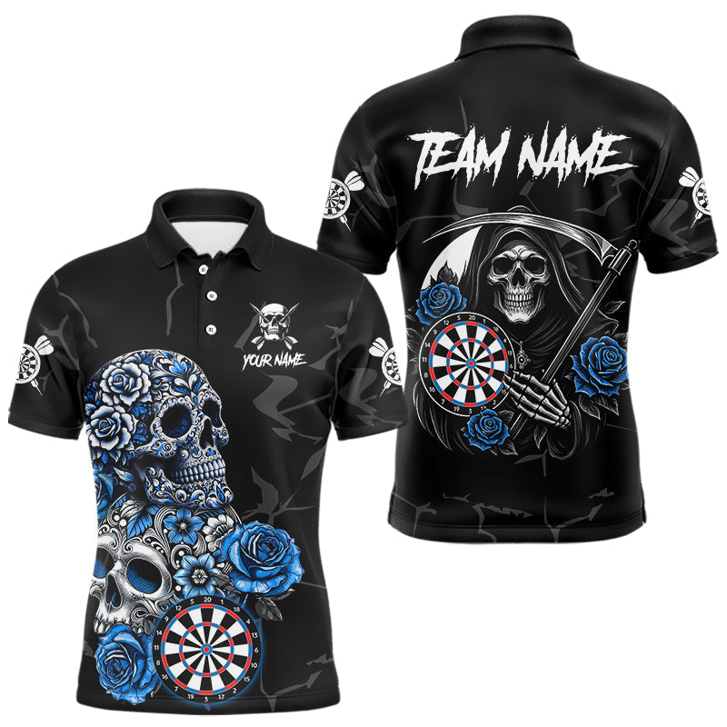 Blisscorners Personalized Blue Funny Skull Roses Darts Shirt For Men Custom Darts Team Jersey, Darts Outfit MT1007