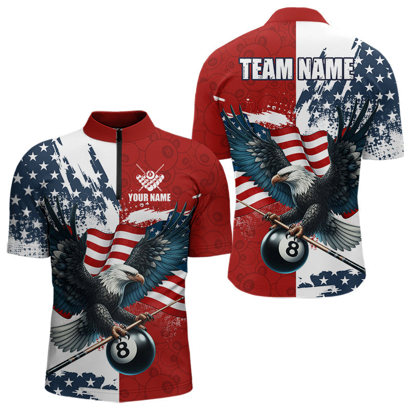 Blisscorners Personalized American Flag Eagle Men Billiard Shirt Custom Patriotic 8 Ball Pool Team Jersey |Red LM1307