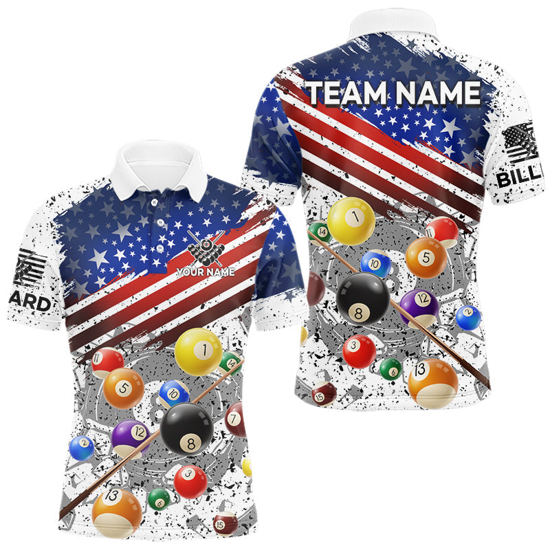 Blisscorners Personalized White Grunge American Flag Billiard Shirt For Men, Patriotic 8 Ball Pool Team Jerseys LM2206