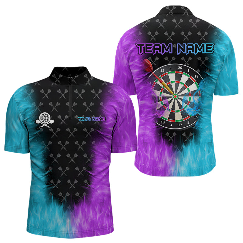 Blisscorners Personalized Blue And Purple Dartboard Fire Flame 3D Printed Men Darts Shirts Custom Darts Jersey
