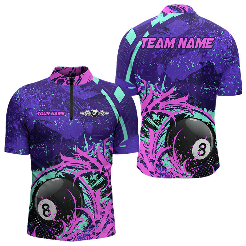 Blisscorners Personalized 8 Ball Billiard Shirt For Men | Neon Purple, Pink & Teal Paint Funny Pool Team Jersey MT2306