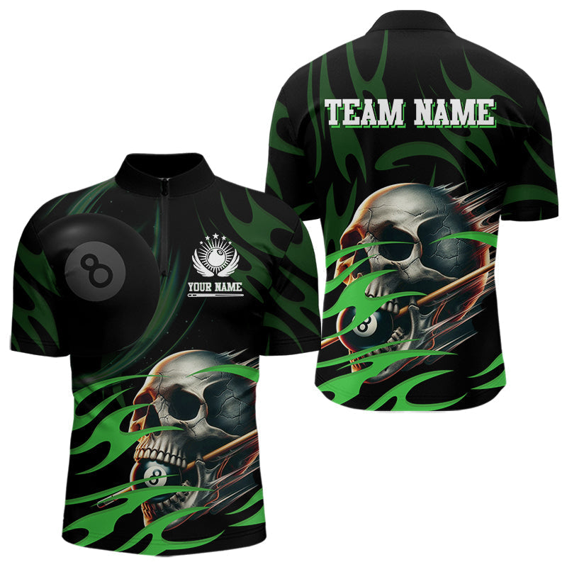 Blisscorners Green Funny Skull 8 Ball Pool Shirt For Men Custom Billiard Team Jersey Polo & 1/4 Zip LM2007
