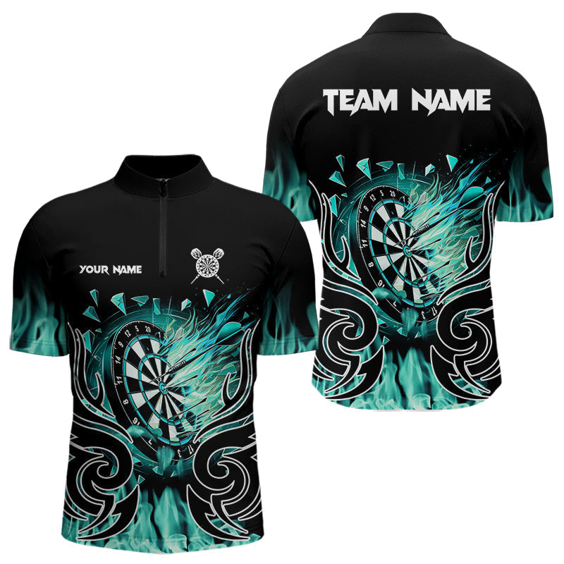 Blisscorners Personalized Turquoise Flaming Darts Shirts With Pocket For Men Custom Fire Dart Team Jerseys