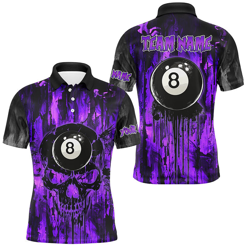 Blisscorners Personalized Black And Purple 8 Ball Melting Men Billiard Shirts, Grunge Skull Billiard Jerseys