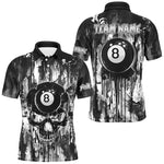 Blisscorners Personalized Black White 8 Ball Pool Melting Men Billiard Shirts, Grunge Skull Billiard Jerseys