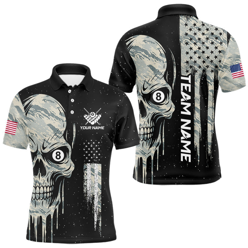 Blisscorners Grunge Camo Skull American Flag Billiard Shirt For Men Custom Patriotic 8 Ball Pool Team Jersey LM3006