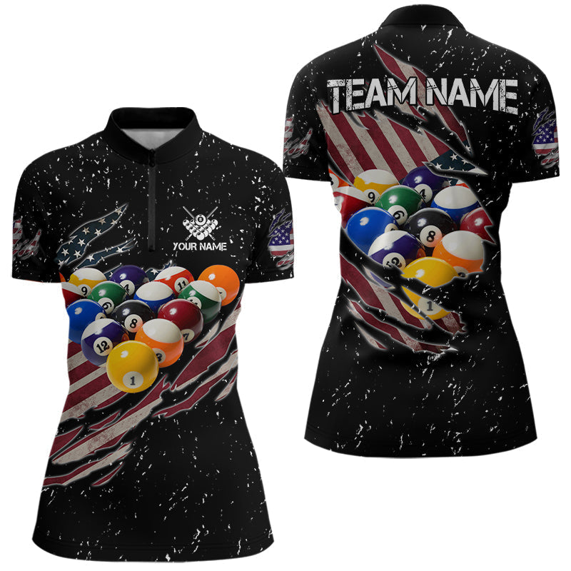Blisscorners Patriotic American Flag Grunge Billiard Jersey For Men Custom Billiard Shirt Polo & 1/4 Zip |Black
