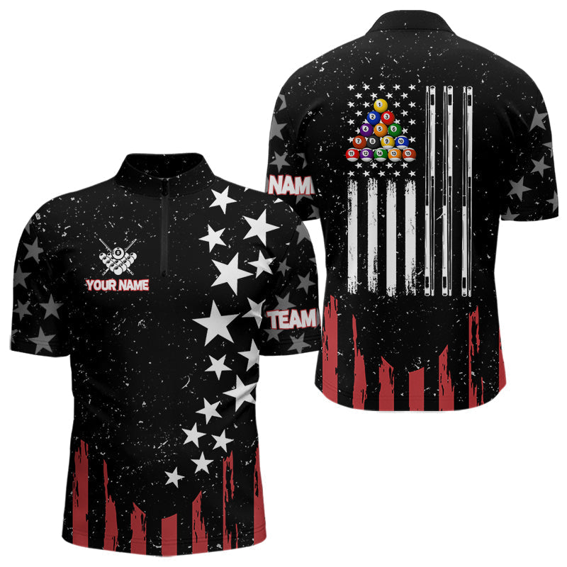 Blisscorners Black Grunge American Flag Billiard Shirt For Men Custom Patriotic Billiard Pool Jersey