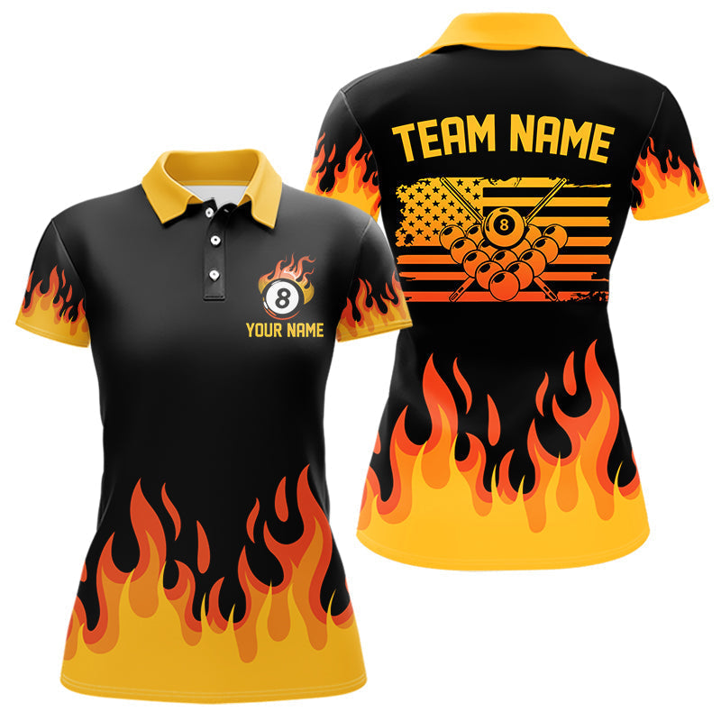 Maxxcorners Personalized Orange Flaming Billiard Jersey For Women Custom 8 Ball Pool Billiard Team Shirts MT0307