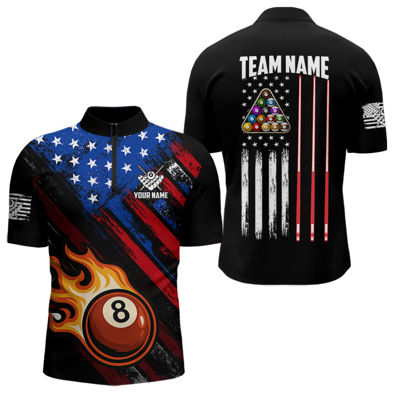 Blisscorners Funny Flame 8 Ball Billiard Shirts For Men Custom Patriotic American Flag Pool Team Jerseys MT1006