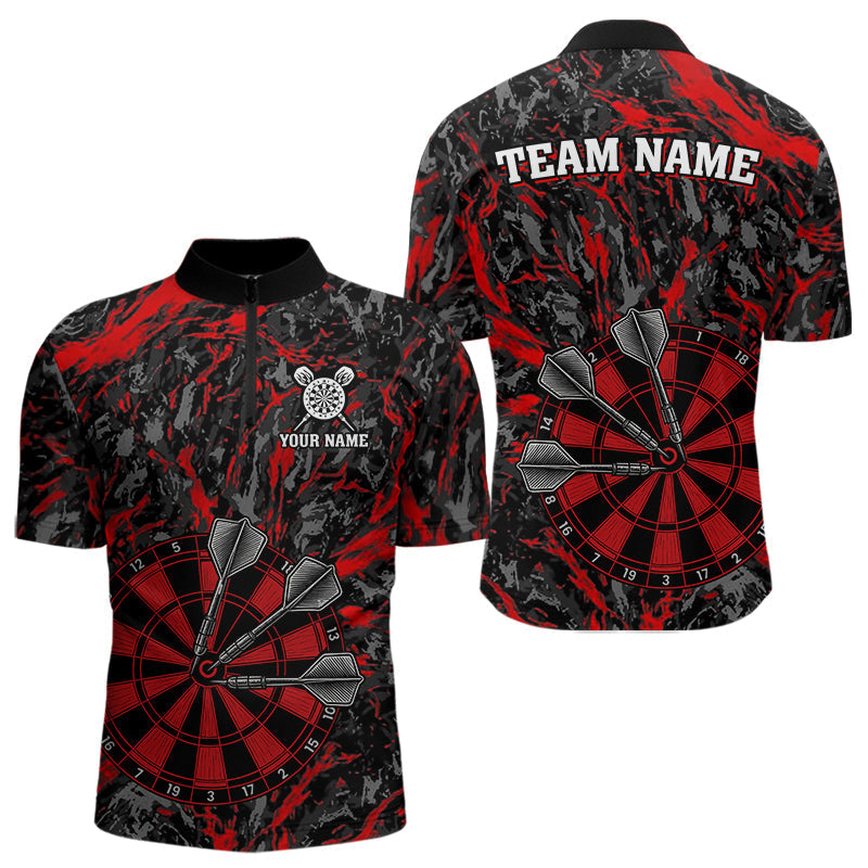 Blisscorners Custom Black And Red Grunge Camo Dart Shirts For Men, Camouflage Dart Team Jersey Polo & 1/4 Zip