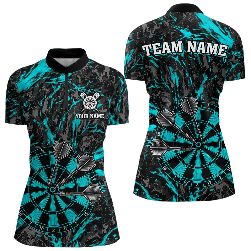 Blisscorners Custom Black And Blue Grunge Camo Dart Shirts For Men, Camouflage Dart Team Jersey Polo & 1/4 Zip