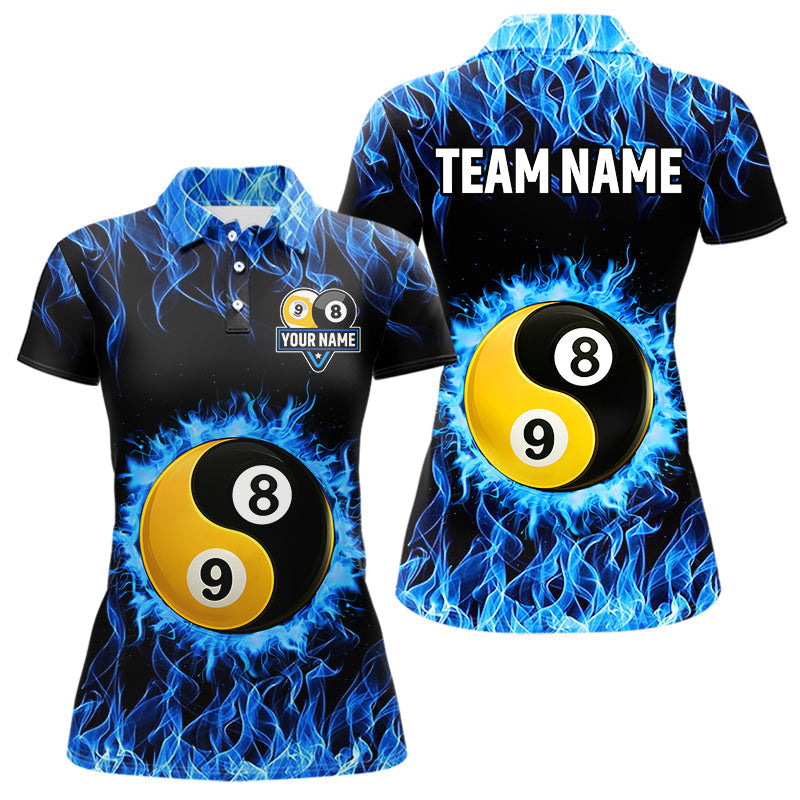 Blisscorners Personalized Blue Flaming Ying And Yang 8&9 Ball Billiard Shirt For Men Custom Billiard Jerseys