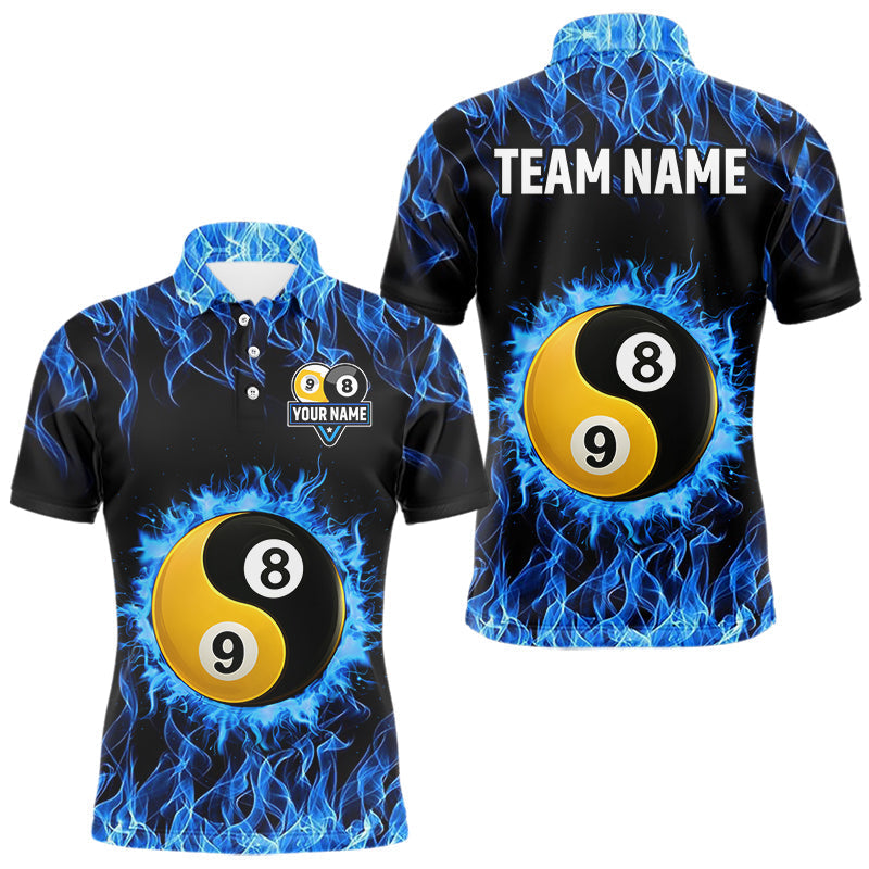 Blisscorners Personalized Blue Flaming Ying And Yang 8&9 Ball Billiard Shirt For Men Custom Billiard Jerseys