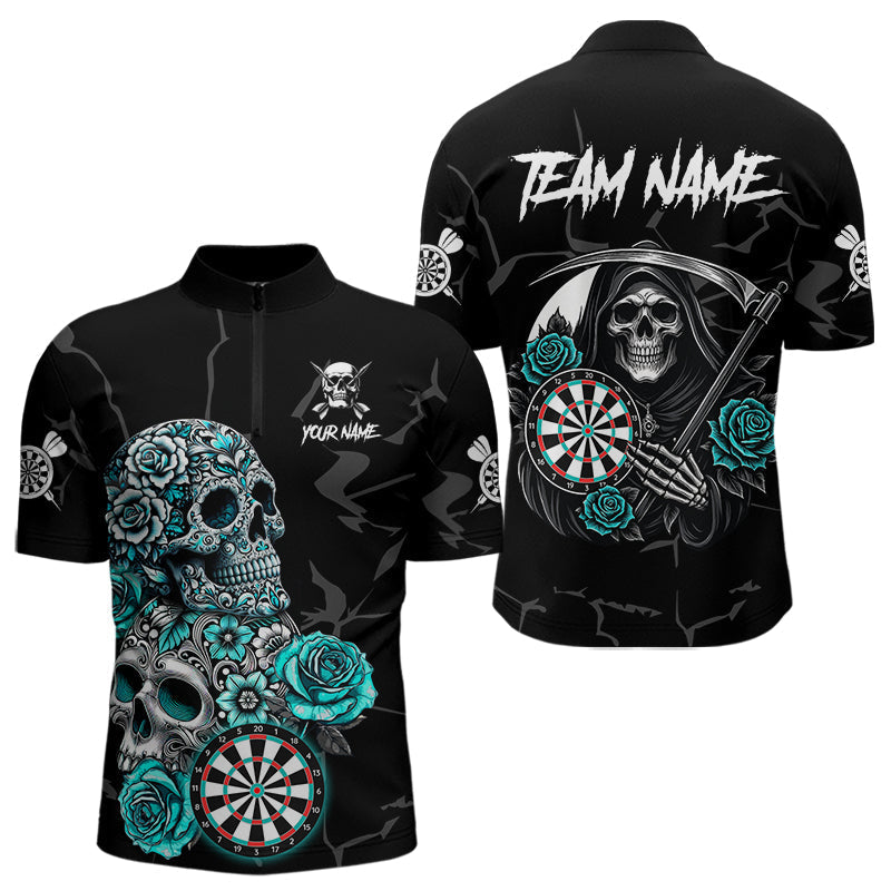 Blisscorners Personalized Funny Turquoise Skull Roses Darts Shirt For Men Custom Darts Team Jersey, Dart Outfit