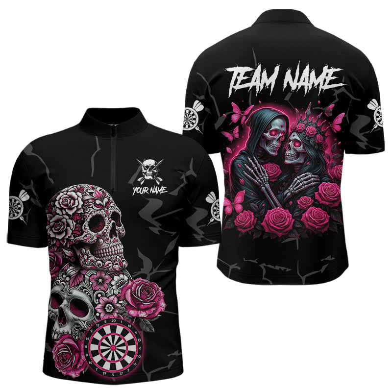 Blisscorners Personalized Pink Skull Roses Gothic Romance Darts Shirt For Men, Dart Jersey Outfit, Dart Gifts