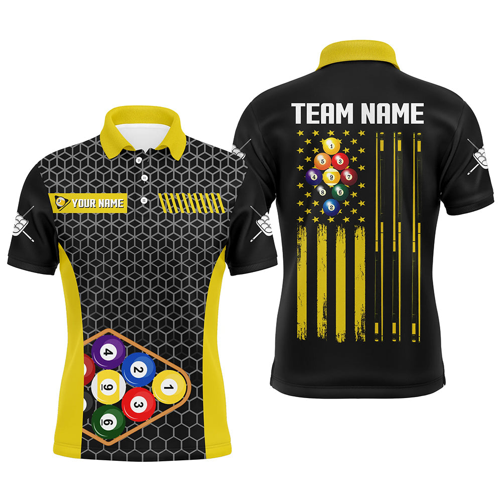 Blisscorners Personalized Retro US Flag 9 Ball Pool Billiard Shirts For Men Custom Yellow Black Billiard Jerseys