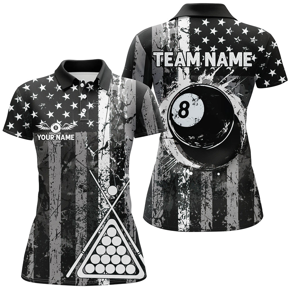Blisscorners Custom Black Grunge US Flag Patriotic Billiard Shirt For Women Retro 8 Ball Pool Billiard Team Jersey