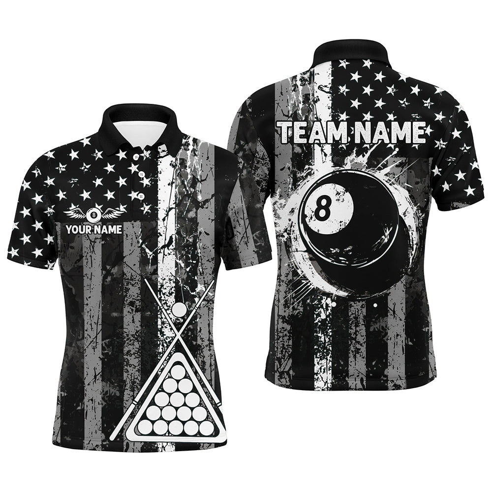 Blisscorners Custom Black Grunge US Flag Patriotic Billiard Shirt For Men Retro 8 Ball Pool Billiard Team Jersey