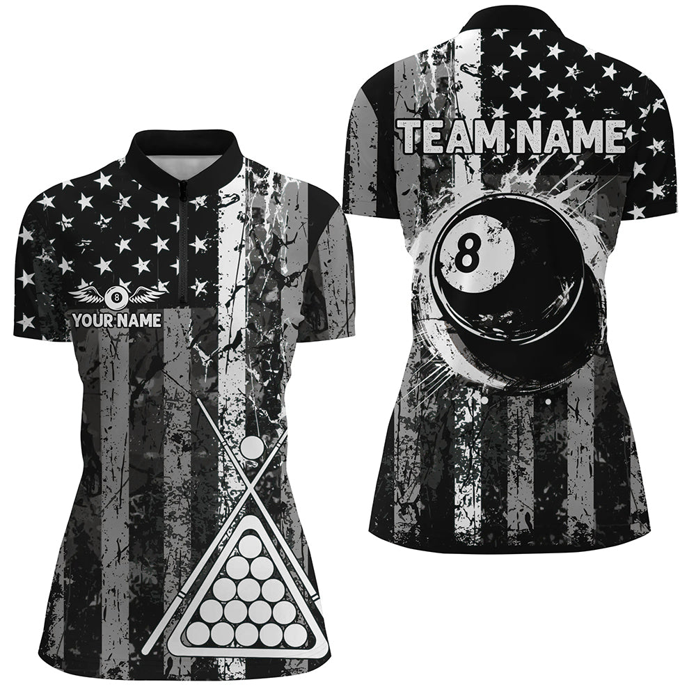 Blisscorners Custom Black Grunge US Flag Patriotic Billiard Shirt For Women Retro 8 Ball Pool Billiard Team Jersey