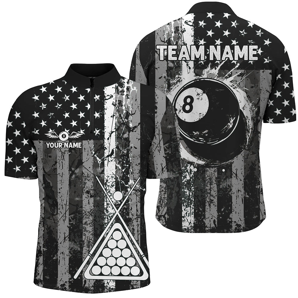 Blisscorners Custom Black Grunge US Flag Patriotic Billiard Shirt For Men Retro 8 Ball Pool Billiard Team Jersey