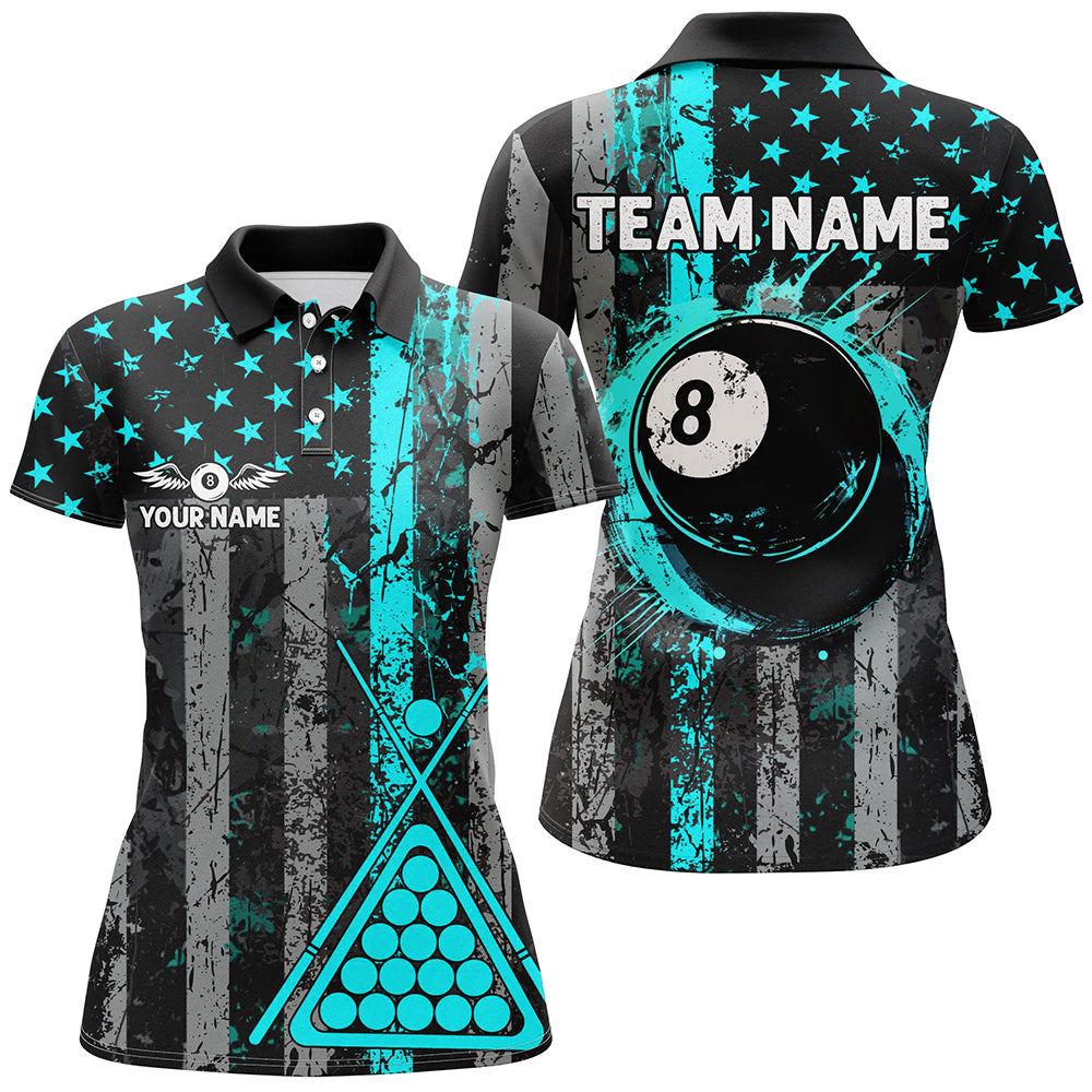 Blisscorners Custom Turquoise Grunge US Flag Patriotic Billiard Shirt For Women Retro 8 Ball Pool Billiard Jersey
