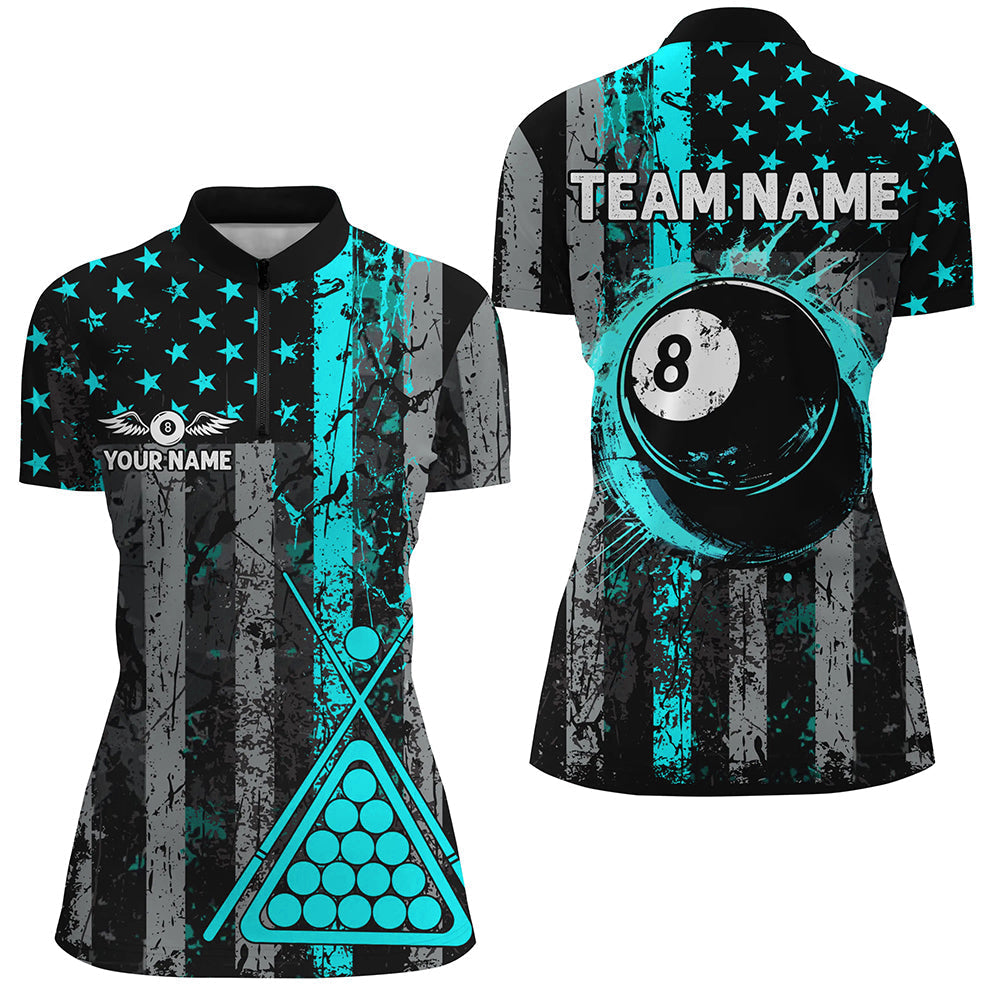 Blisscorners Custom Turquoise Grunge US Flag Patriotic Billiard Shirt For Women Retro 8 Ball Pool Billiard Jersey