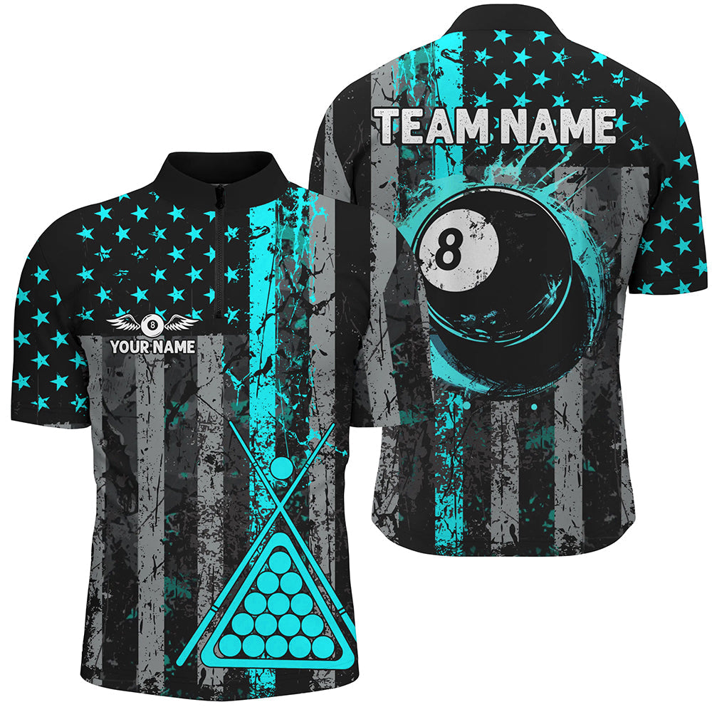 Blisscorners Custom Turquoise Grunge US Flag Patriotic Billiard Shirt For Men Retro 8 Ball Pool Billiard Jersey