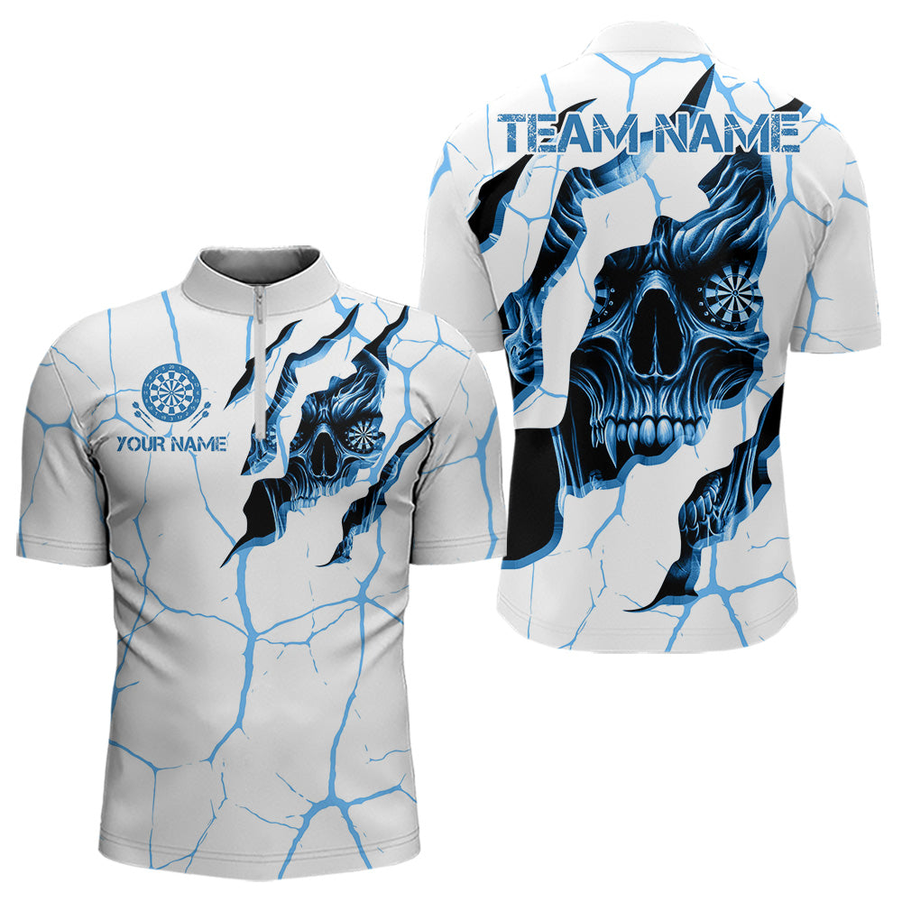 Blisscorners Personalized Skull White Blue Grunge Darts Polo & Quarter-Zip For Men Custom Dart Team Jerseys Lm0803