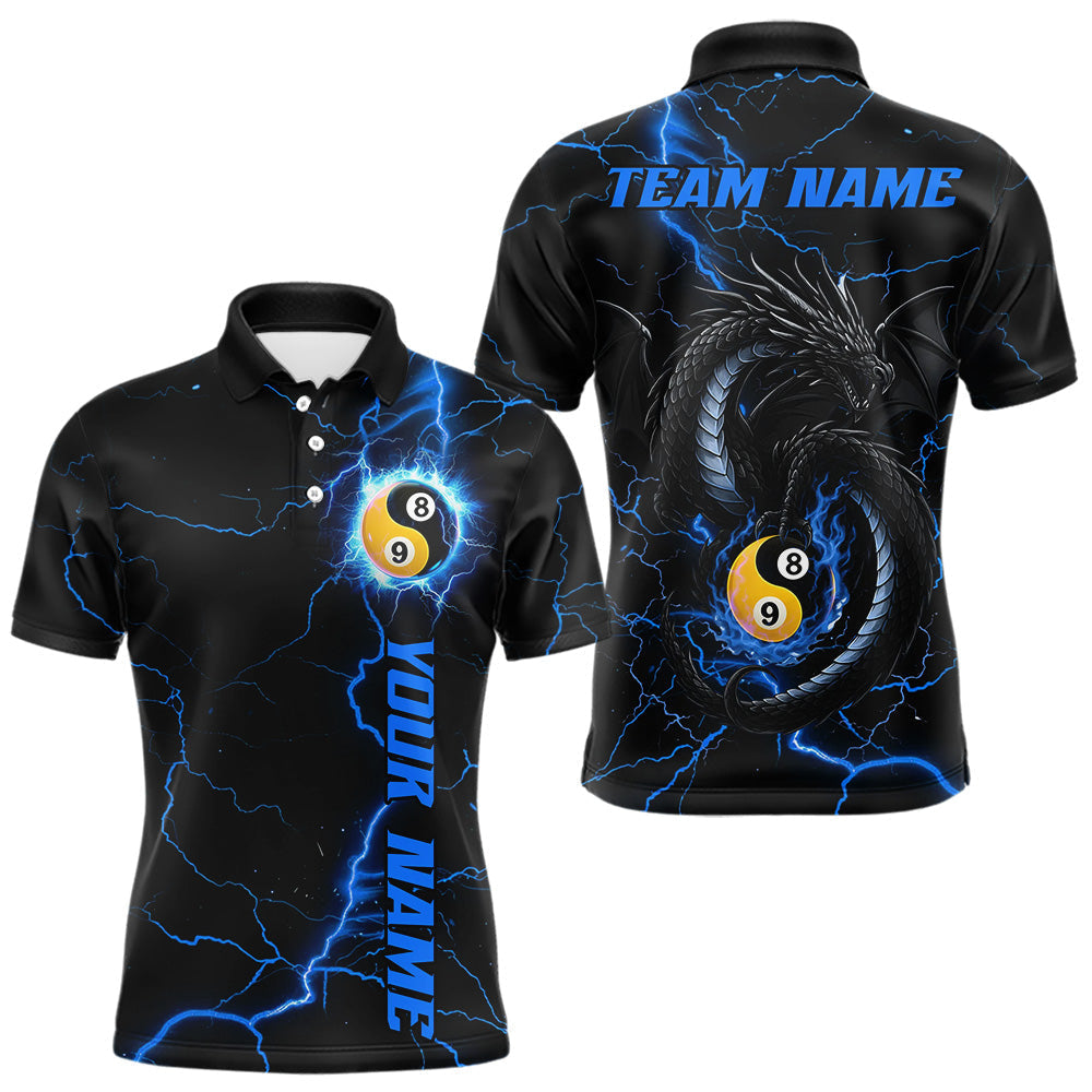 Blisscorners Black And Blue Yin Yang 8 & 9 Ball Lightning Custom Dragon Billiard Shirt For Men, Pool Team Jersey MT1007