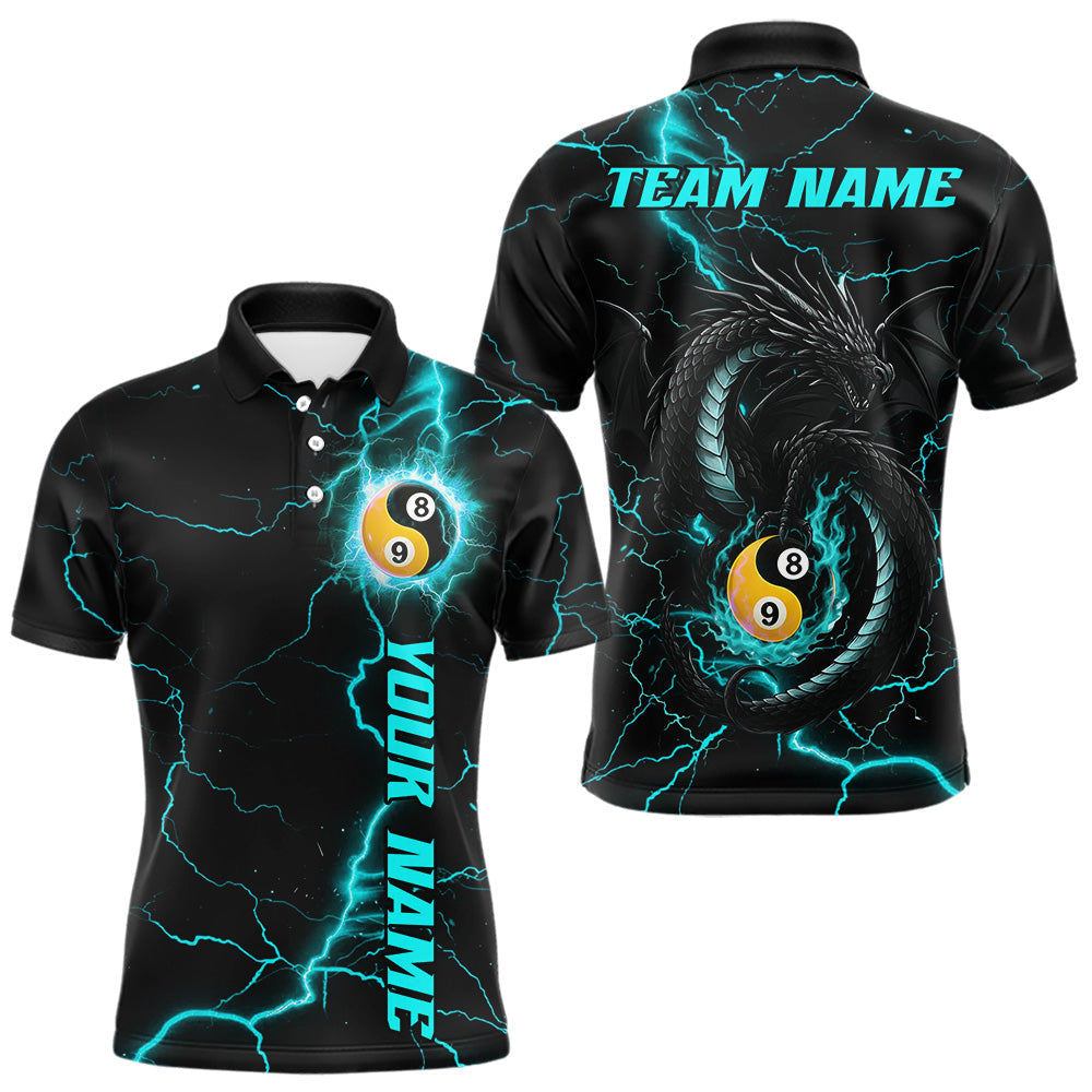 Blisscorners Black Turquoise Yin Yang 8&9 Ball Lightning Custom Dragon Billiard Shirt For Men, Pool Team Jersey MT1007