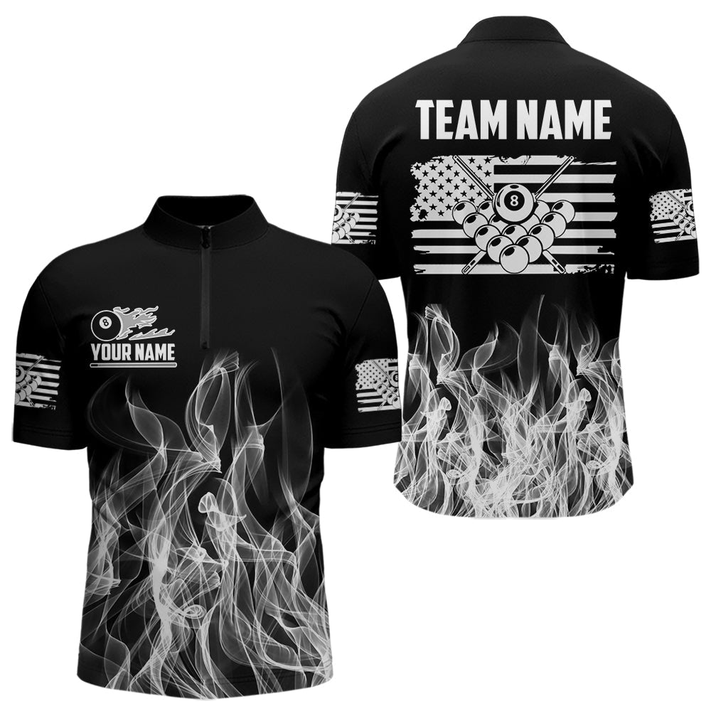 Blisscorners White Black Flaming American Flag Men Billiard Shirt Custom Patriotic Pool Player Billiard Jersey LM2206