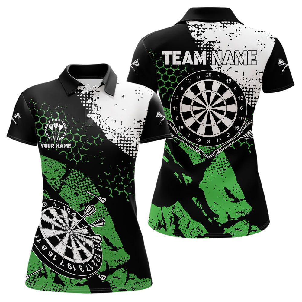 Blisscorners Retro Black Green Grunge Pattern Darts Polo, Quarter Zip Custom Men Dart Shirt Team Dart Jersey
