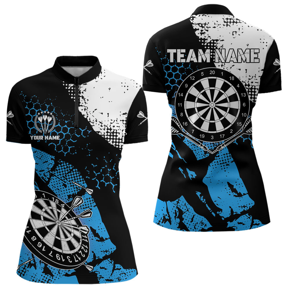 Blisscorners Retro Black Blue Grunge Pattern Darts Polo, Quarter Zip Custom Men Dart Shirt Team Dart Jersey