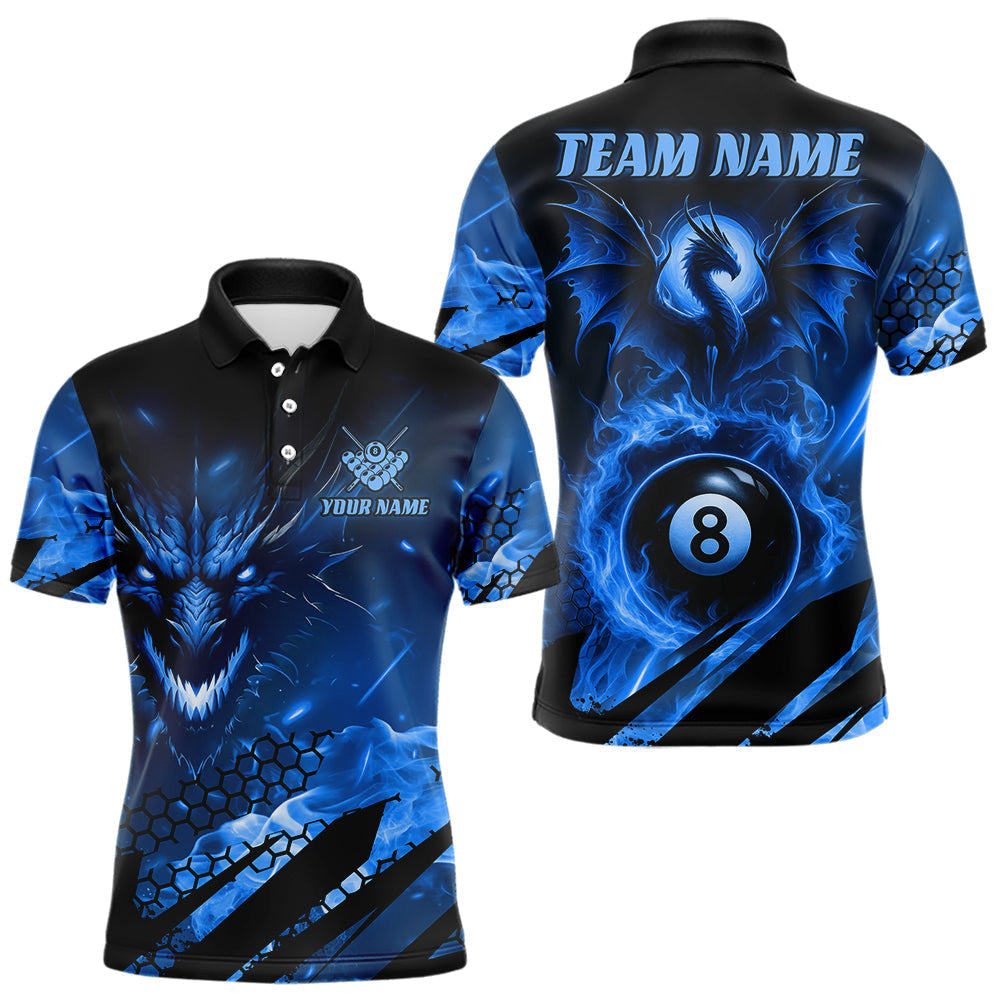 Blisscorners Personalized Blue Fire Flame Dragon 8 Ball Billiard Shirt For Men, Pool Team Jersey Polo & 1/4 Zip MT1607