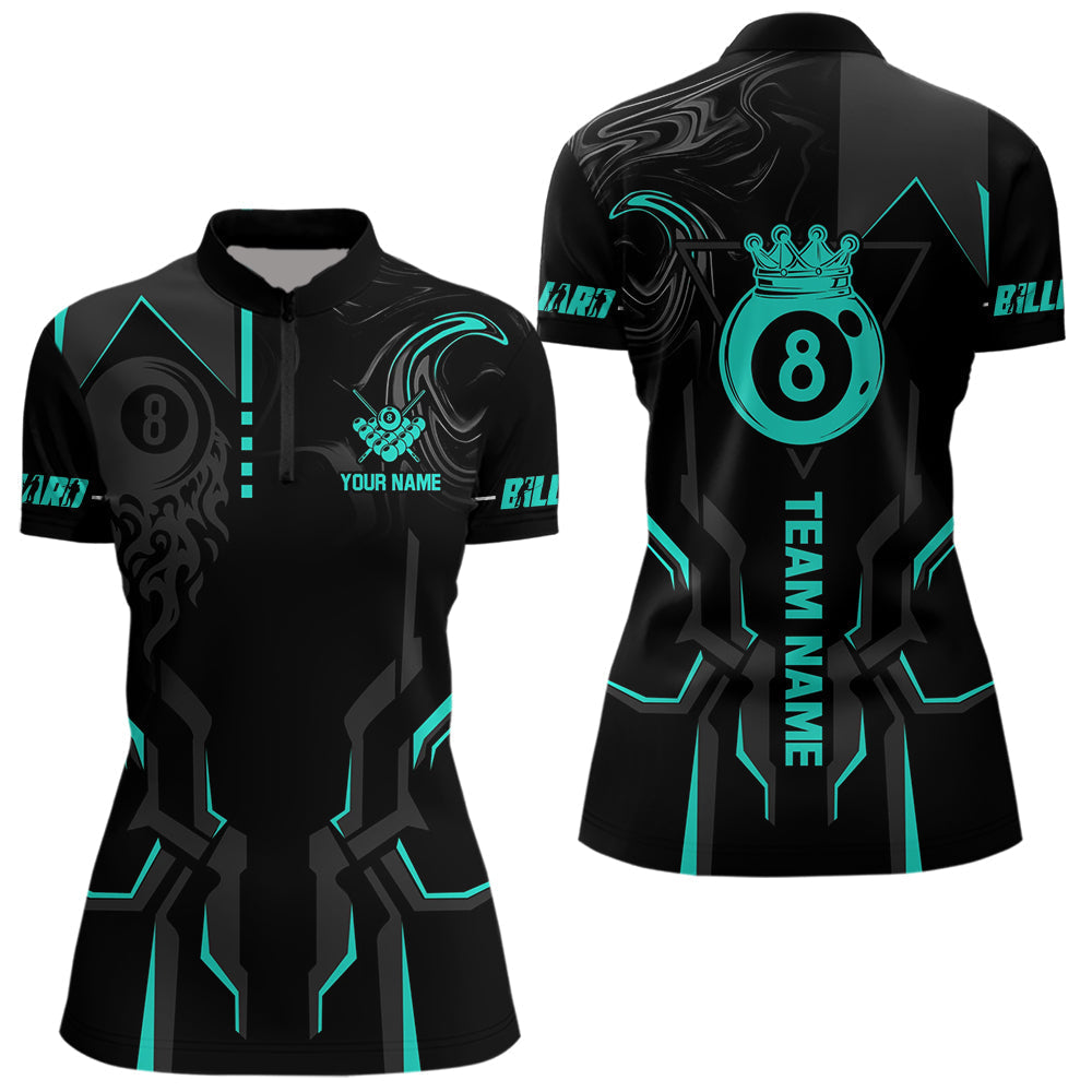 Blisscorners Custom 8 Ball Pool Crown Men Billiard Shirts, Turquoise And Black Billiard Team Shirt, Pool Jersey