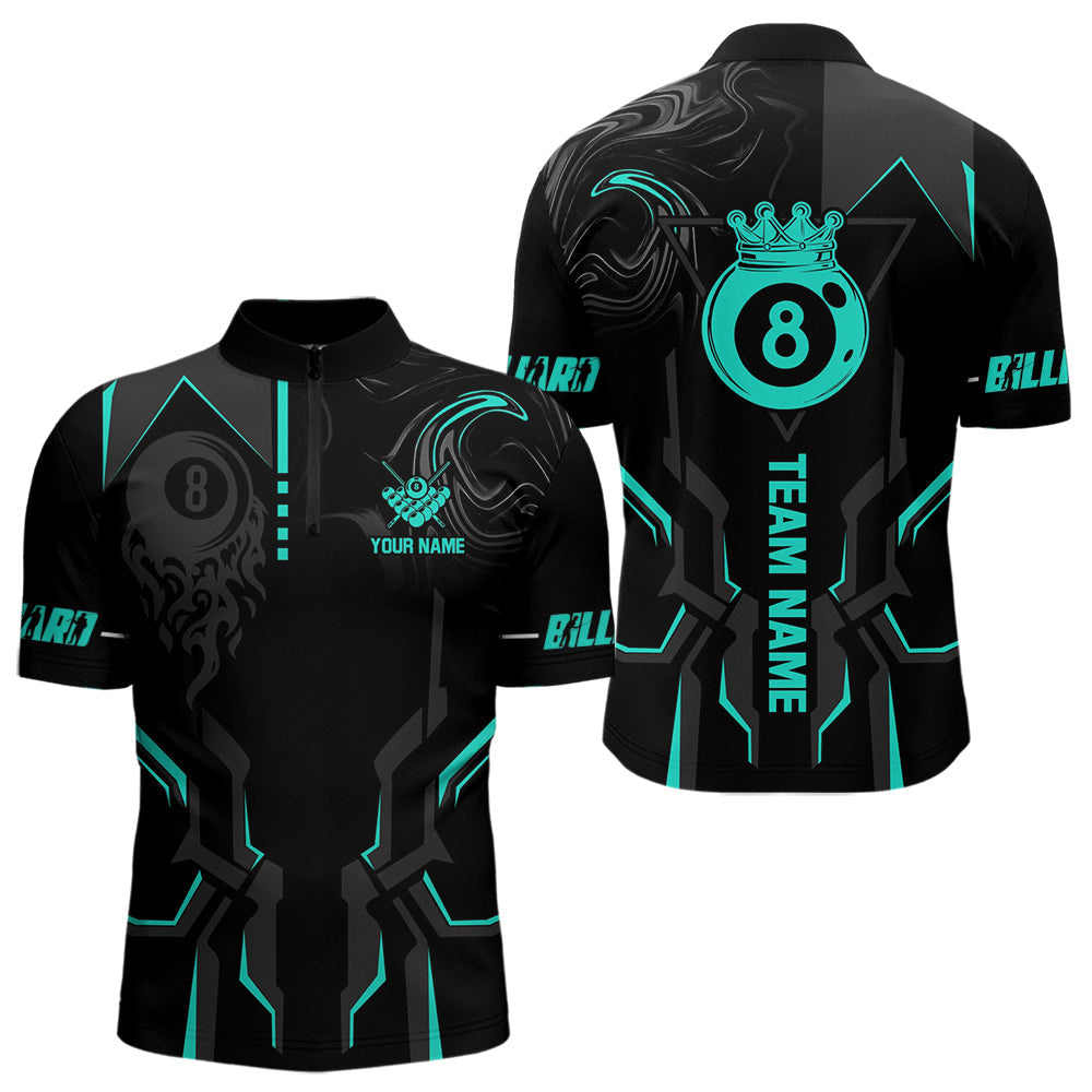 Blisscorners Custom 8 Ball Pool Crown Men Billiard Shirts, Turquoise And Black Billiard Team Shirt, Pool Jersey
