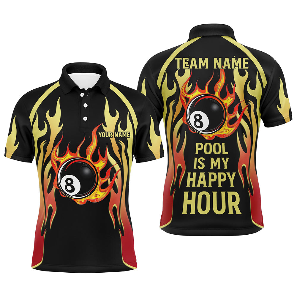 Blisscorners Pool Is My Happy Hour Billiard Shirts For Men, 8 Ball Fire Flame Custom Black Billiard Jerseys