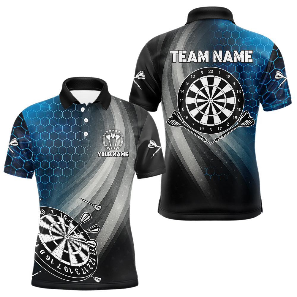 Blisscorners Custom Men's Dart Shirt – Black Blue Hexagon Design Darts Team Jersey | Polo & Quarter Zip Uniform LM1625