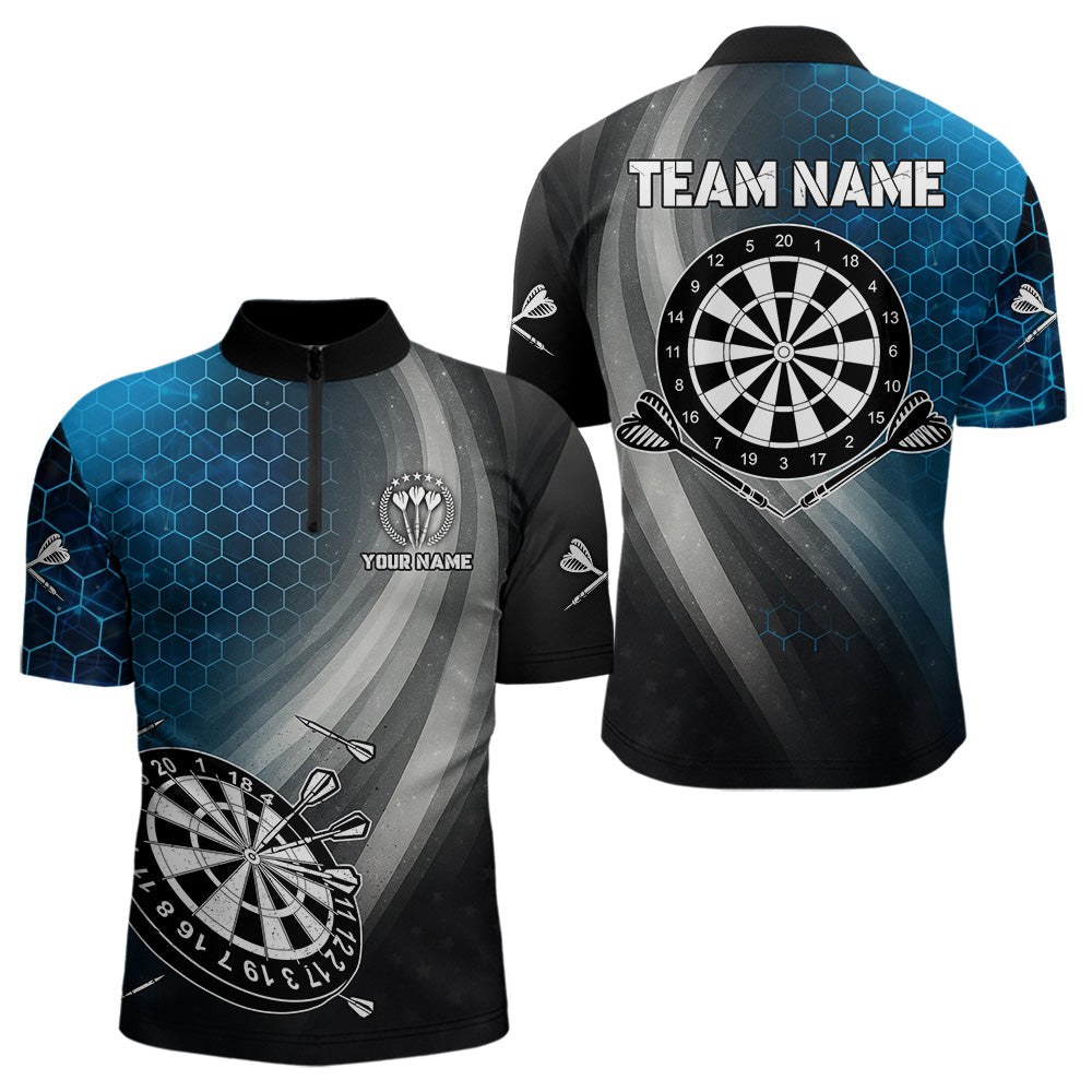 Blisscorners Custom Men's Dart Shirt – Black Blue Hexagon Design Darts Team Jersey | Polo & Quarter Zip Uniform LM1625