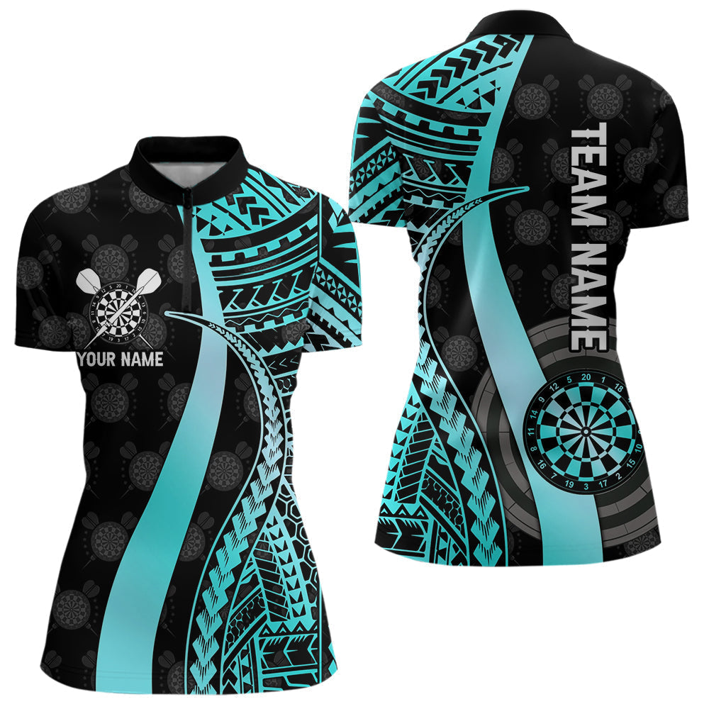 Blisscorners Personalized Black And Turquoise Tribal Dart Shirts For Men Custom Dart Jersey Team Polo & 1/4 Zip