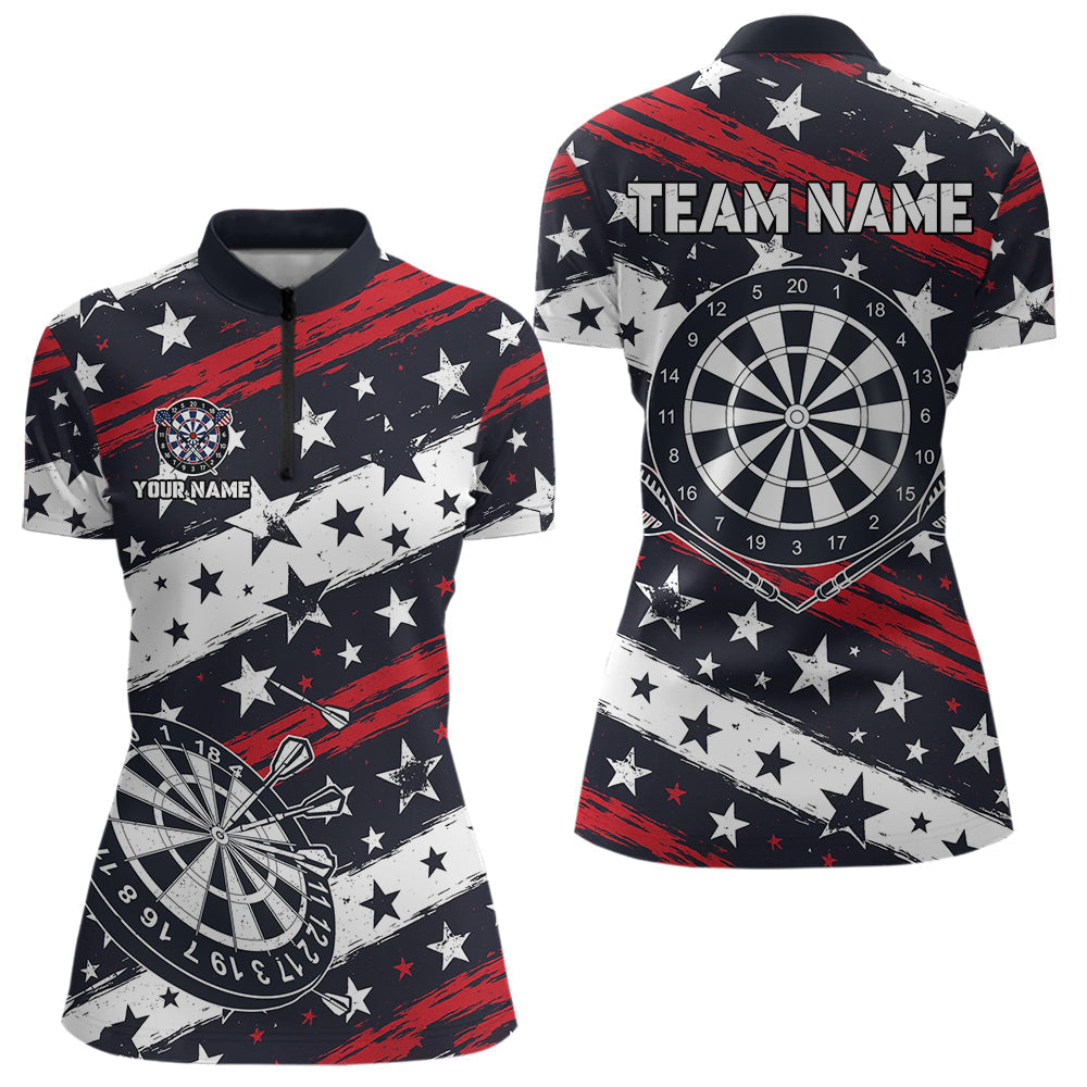 Blisscorners Personalized USA Flag Darts Shirt For Men Custom Patriotic Dart Jerseys Team Polo & 1/4 Zip
