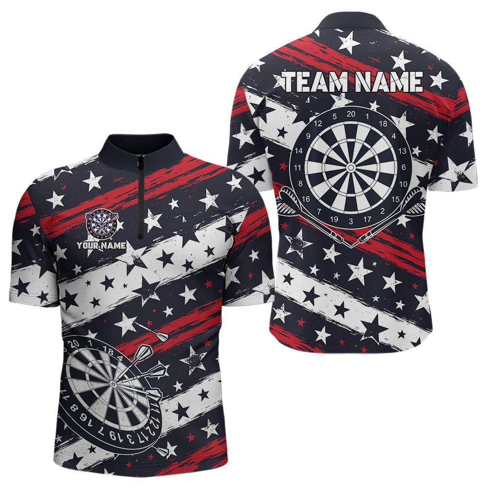 Blisscorners Personalized USA Flag Darts Shirt For Men Custom Patriotic Dart Jerseys Team Polo & 1/4 Zip