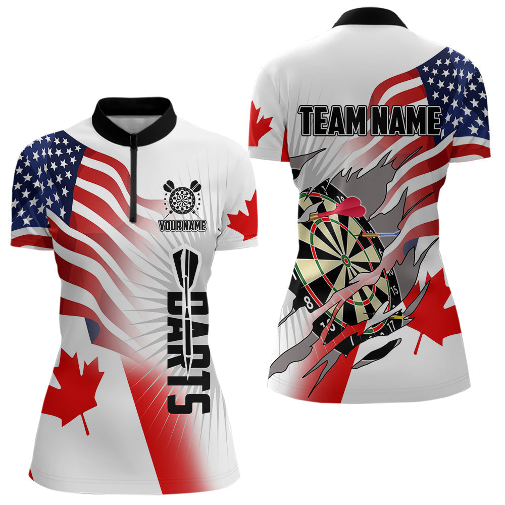 Blisscorners Personalized Men's Dart Shirts – Funny Canada & US Flag Mix Custom Patriotic Darts Team Jerseys MT1006