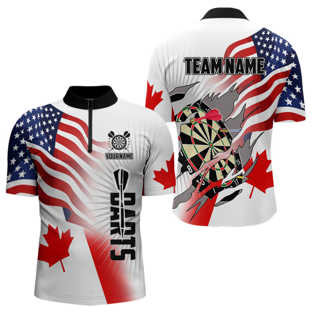 Blisscorners Personalized Men's Dart Shirts – Funny Canada & US Flag Mix Custom Patriotic Darts Team Jerseys