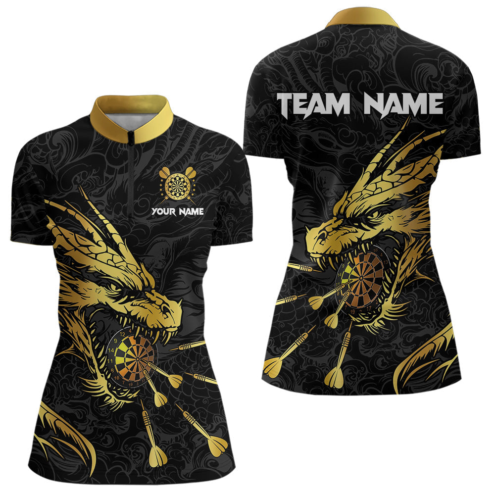 Blisscorners Personalized Black Gold Dragon Dart Shirts For Men Custom Darts League Team Jersey Polo & 1/4 Zip