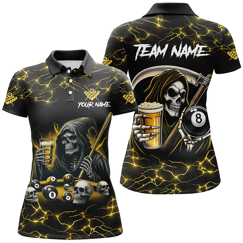Blisscorners Yellow Funny Death Skeleton & Beer Billiard Shirts For Women Custom 8 Ball Lightning Billiard Jerseys