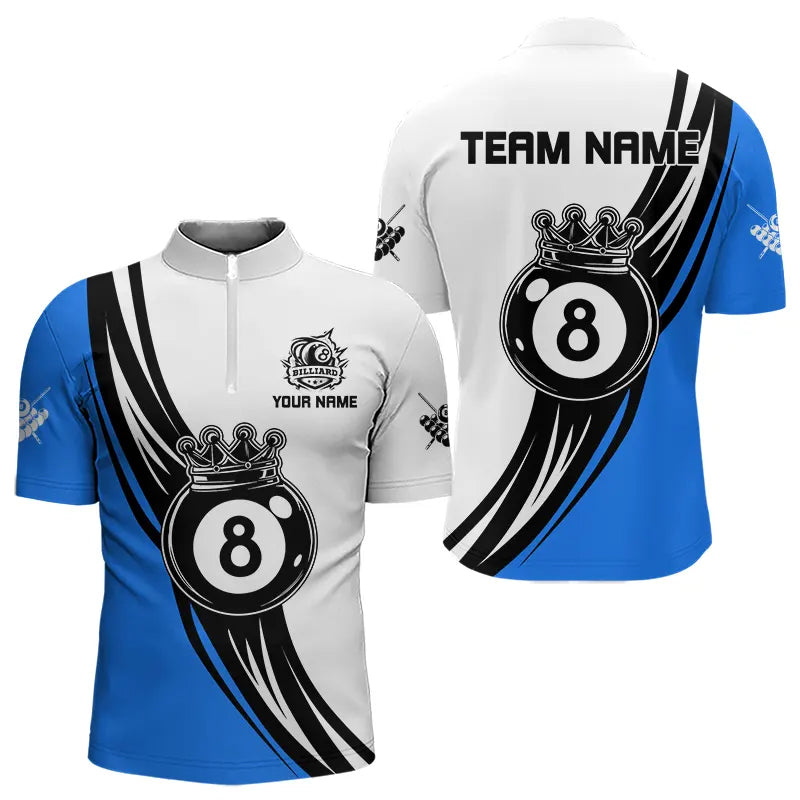 Blisscorners Personalized Black White 8 Ball Pool Crown Men Billiard Shirts, Billiard 8 Ball Team Jerseys |Blue