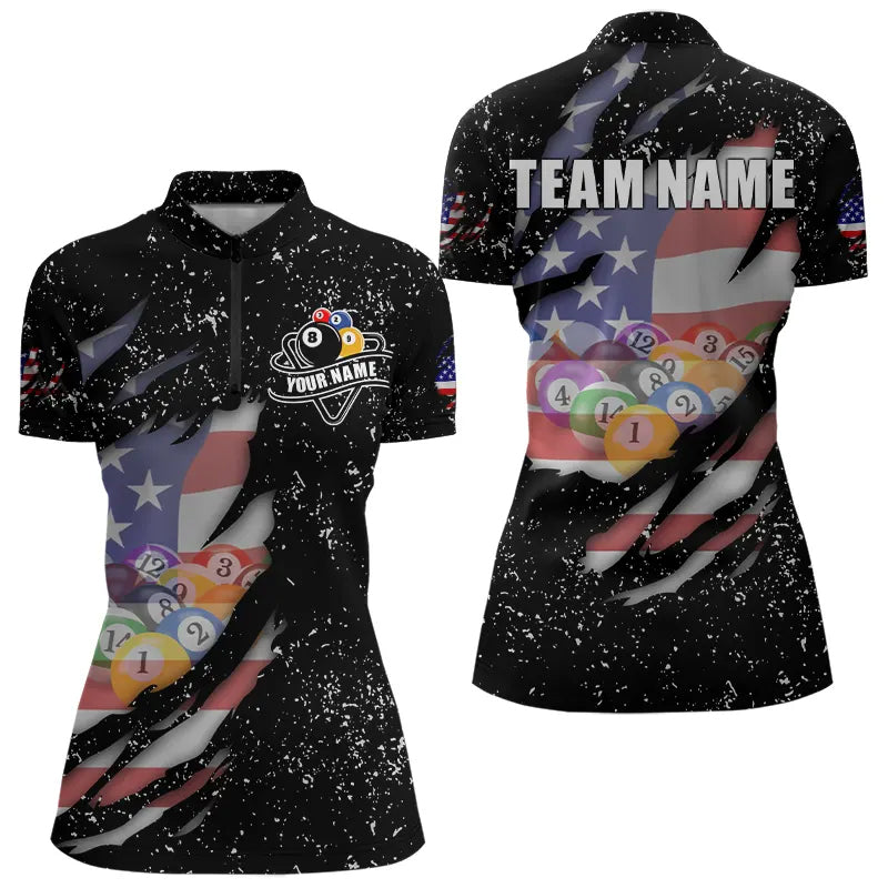 Blisscorners Personalized Grunge Black American Flag Billiard Shirts For Men Custom 8 Ball Pool Billiard Jersey