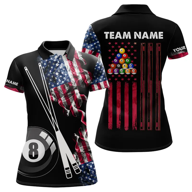Blisscorners Personalized US Flag Smoke 8 Ball Pool Billiard Shirt For Men Custom Patriotic Billiard Team Jersey